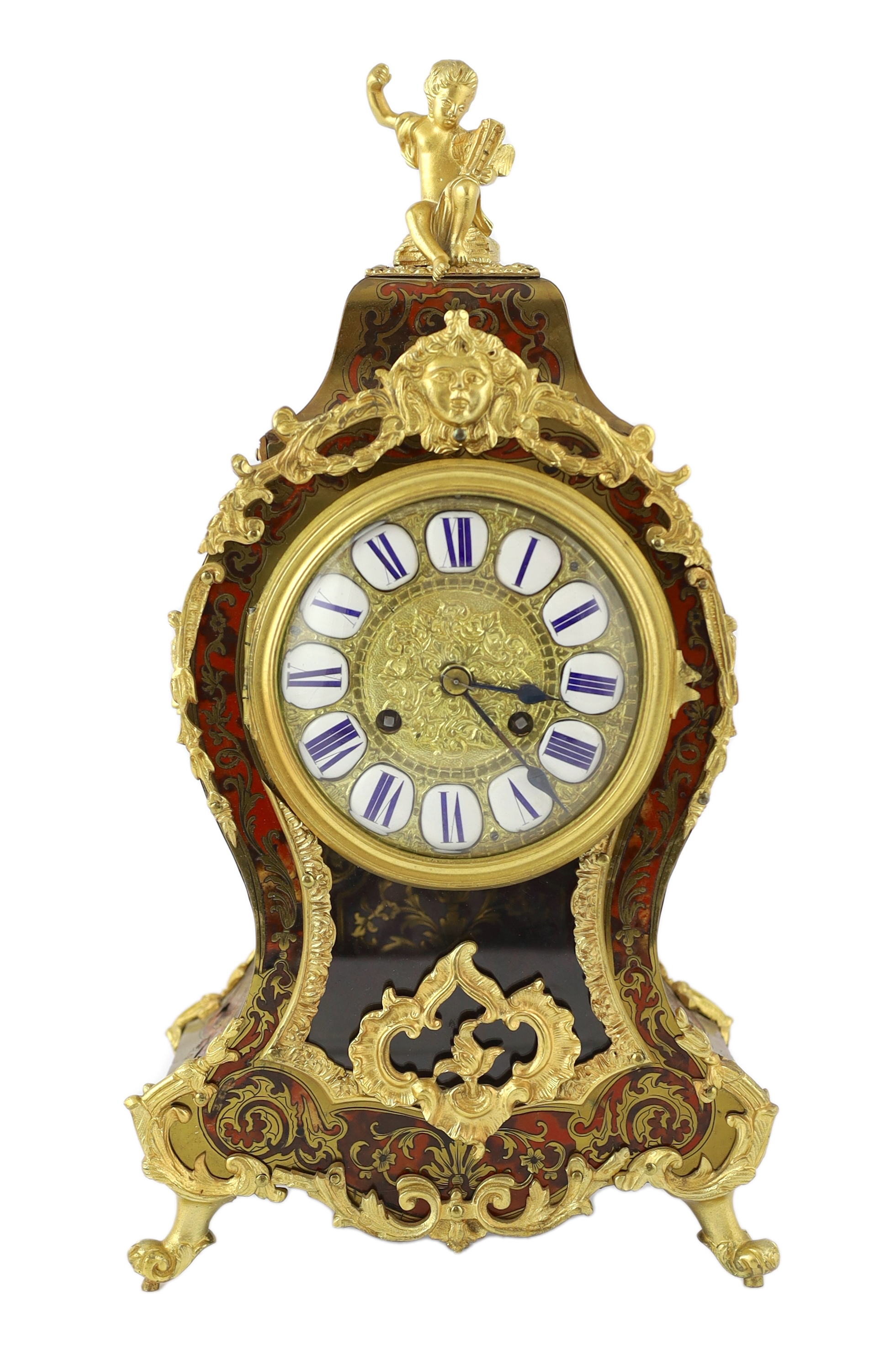 An early 20th century French ormolu mounted red boulle work mantel clock, 43cm high